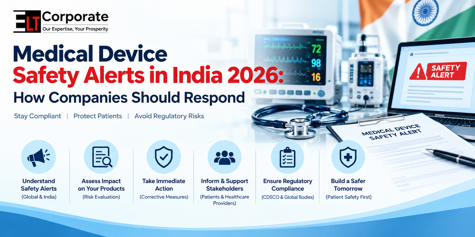 Medical Device Safety Alerts in India 2026 infographic showing how companies should respond to safety alerts, ensure CDSCO compliance, assess risks, and protect patient safety.